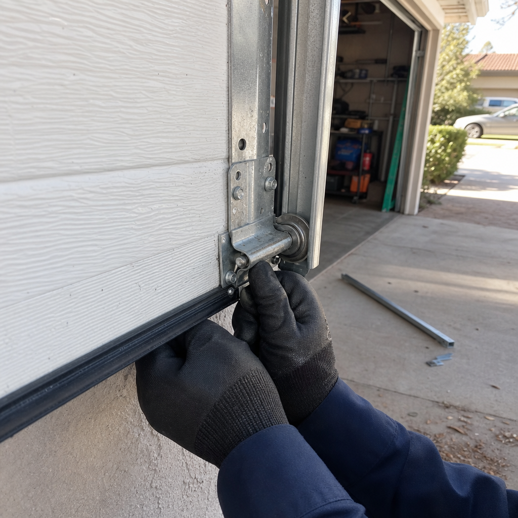 Technician adjusting garage door roller during emergency service in Doral, FL