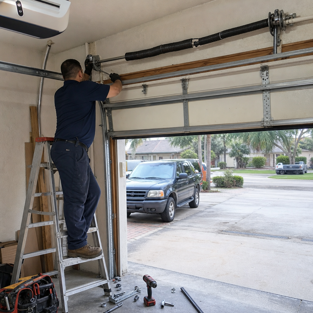 Garage door repair technician working on emergency service in Doral, FL