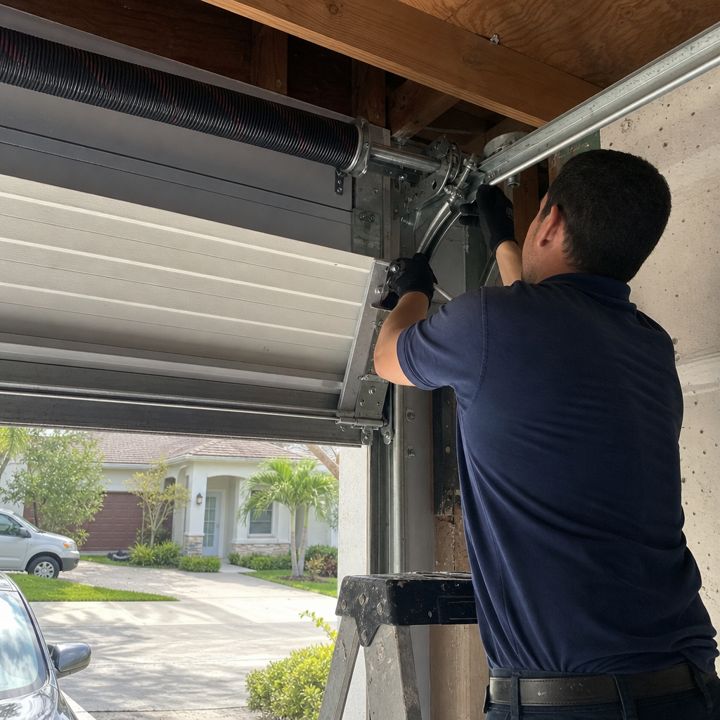 Garage door technician installing garage door parts in Doral, FL